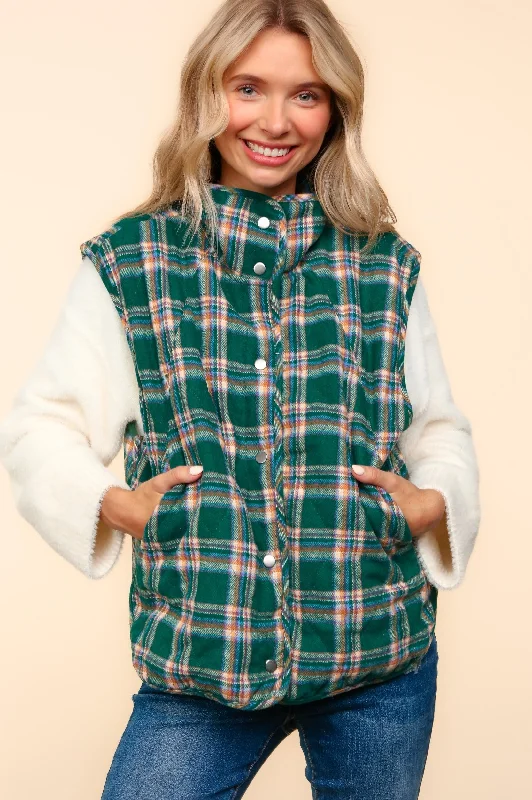 warm outerwearPLUS HIGH NECK SNAP BUTTON DOWN PLAID PUFFER VEST