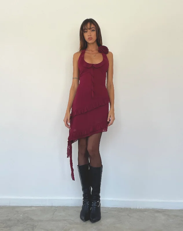 one-shoulder dressMargaret Ruffle Mini Dress in Plum Chiffon with Rosette