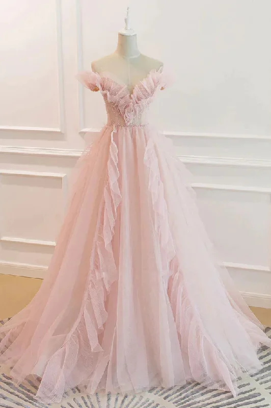 flowy evening dressPink Elegant Off The Shoulder A-Line Tulle Long Prom Dress,DP1424