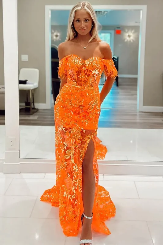 v-neck dressOrange Off The Shoulder Lace Appliques Long Prom Dress with Feathers,DP1346