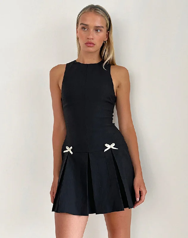 satin dressRadeta Mini Dress in Black with Ivory Bows