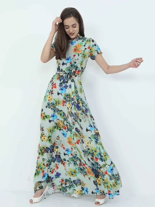 high-waisted dressMulticolored Digital Print Fit & Flare Maxi Dress