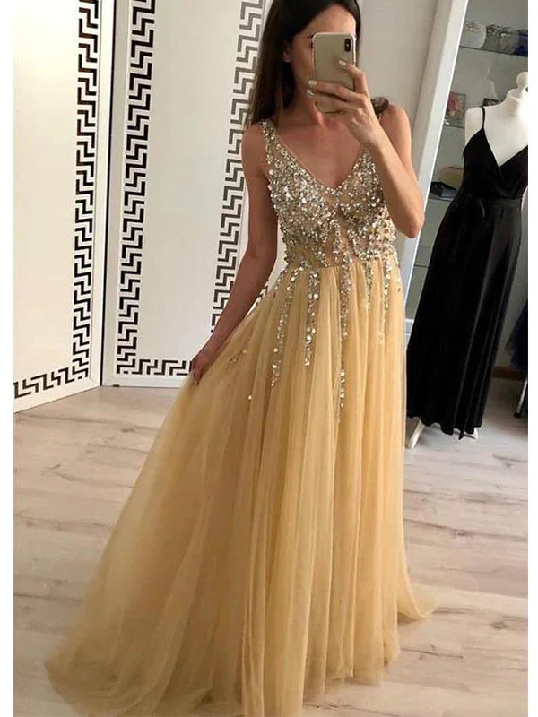 sophisticated dressCharming A-Line Tulle V-Neck Floor Length Prom Evening Dresses With Beads,DP1102