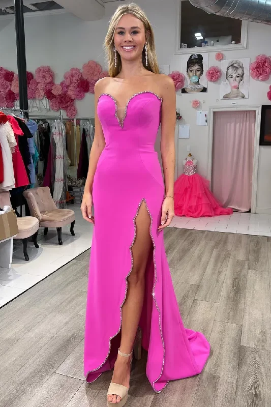 one-shoulder dressFuchsia Sweetheart Beaded Long Prom Dress with Slit,DP1271