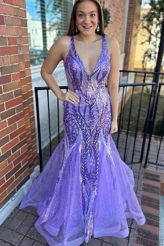 casual midi dressLavender V Neck Tulle Sequins Backless Mermaid Long Prom Dress,DP1390