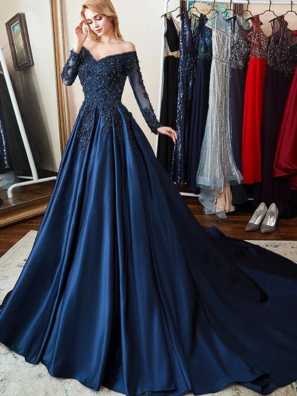 luxury dressNavy Blue Off Shoulder Long Sleeves A-line Applique Formal Prom Dress,DP1096