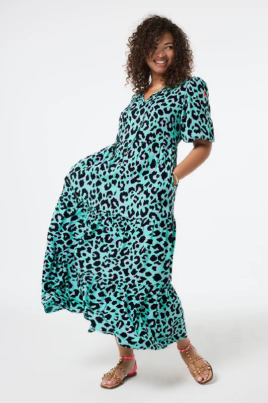 trendy dressGreen with Purple and Black Shadow Leopard Tie Front Maxi Dress