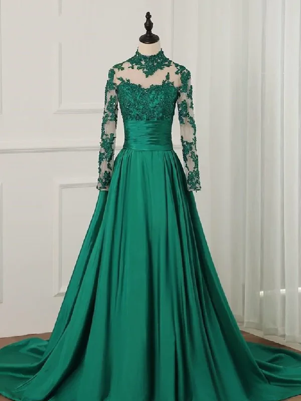 relaxed fit dressGreen A-Line Long Sleeves High Neck Lace Prom Dress Formal Dress,DP1094