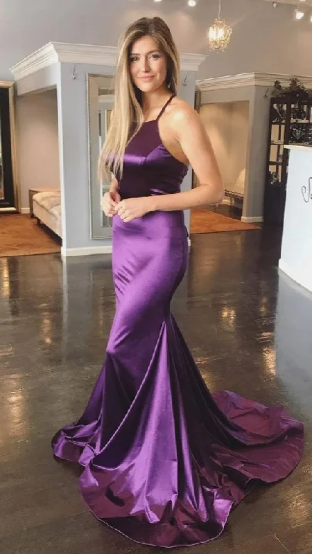 elegant shift dressPurple Halter Lace Up Back Satin Mermaid Formal Party Dress,DP1359