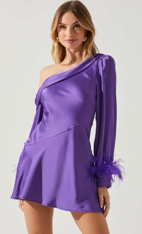 trendy wrap dressPurple One Shoulder Long Sleeve Feather Dress by ASTR the label