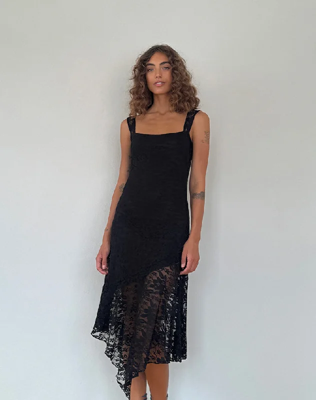 tiered dressAdeliza Asymmetric Midi Dress in Floral Lace Jet Black