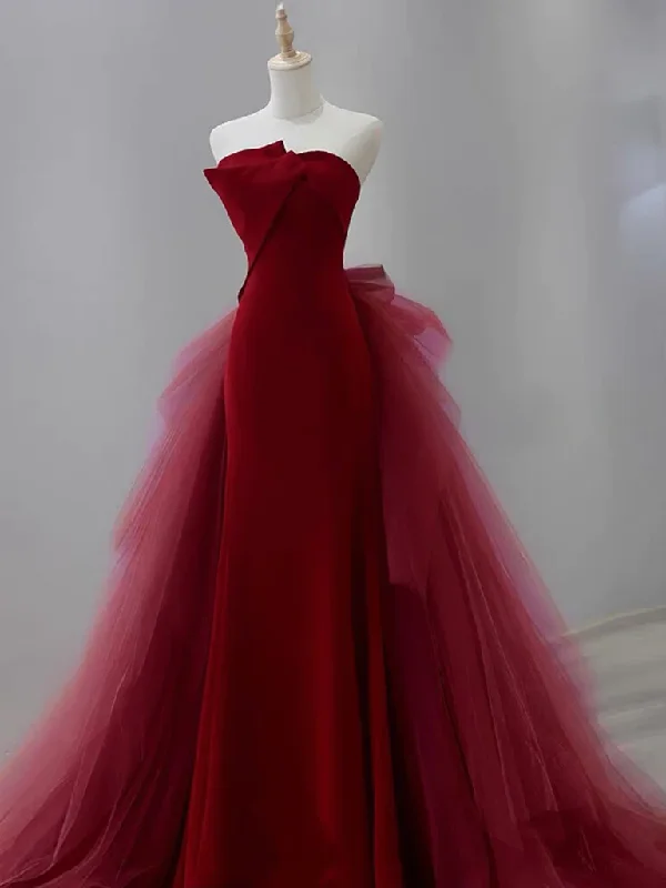 elegant maxi dressBurgundy Strapless Mermaid Tulle Formal Prom Dress,DP1086