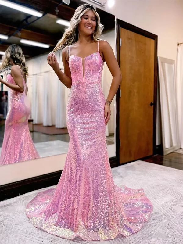 trendy wrap dressShiny Pink Spaghetti Straps Sequin Mermaid Long Prom Dress,DP1243