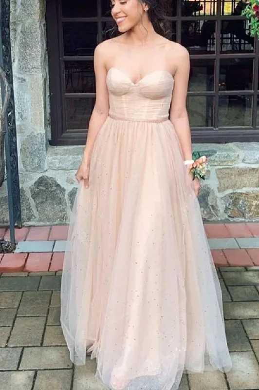 classic fit-and-flare dressChampagne Sweetheart A-Line Strapless Tulle Long Prom Dress Formal Party Dress,DP1423