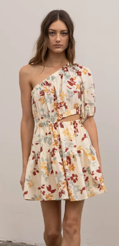 summer dressOne Shoulder Floral Mini Cut Out Dress