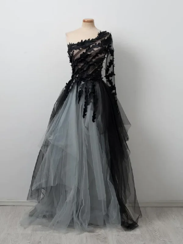 classic fit-and-flare dressBlack and Gray Tulle Lace One Shoulder Long Prom Dresses,DP1095