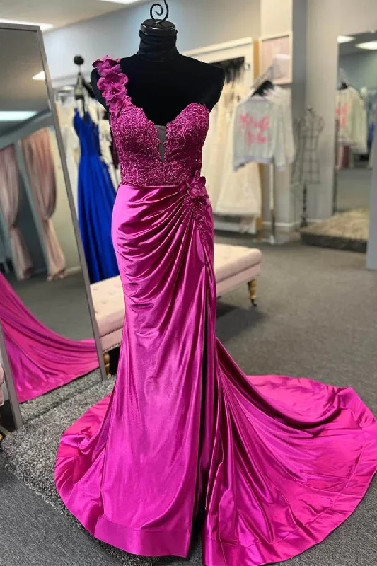 shift dressFuchsia One Shoulder Ruched Mermaid Long Prom Dress with 3D Flowers,DP1549