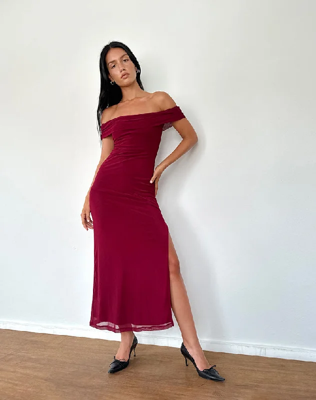 v-neck dressTarna Bardot Maxi Dress in Mesh Burgundy