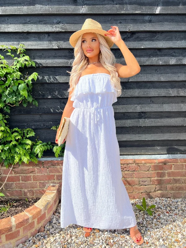 evening dressWhite Santorini Bardot Maxi Dress