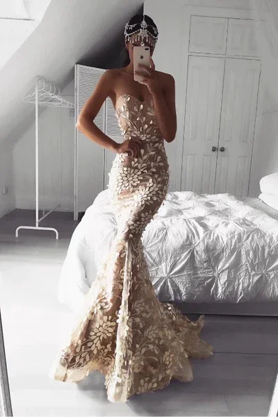 sophisticated dressSweetheart Lace Appliques Mermaid Long Prom Dress,DP1454