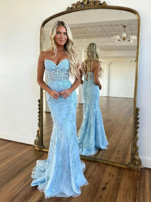 stylish dressBlue Sweetheart Neck Tulle Mermaid Appliques Long Prom Dress,DP1218