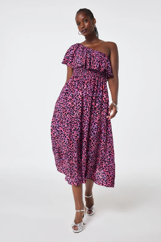 casual day dressPink With Lilac And Black Layered Leopard One Shoulder Tiered Textured Midi Dress