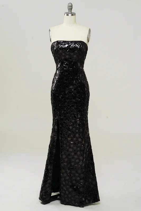 minimalistic dressBlack Strapless Sequined Mermaid Long Prom Dress with Slit,DP1525