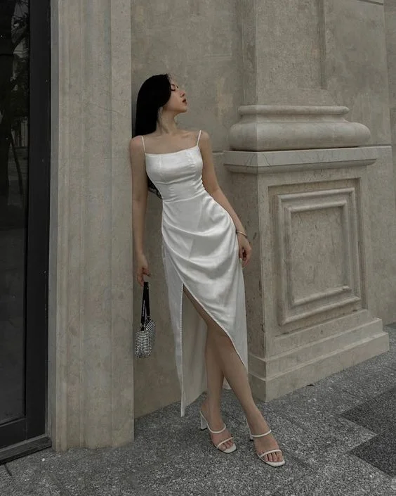 t-shirt dressWhite Spaghetti Straps Prom Dress Wedding Guest Dress with Slit,DP1632