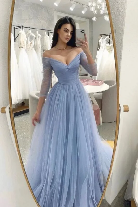 elegant evening dressTulle A-Line Off Shoulder Long Prom Dress Evening Party Dress,DP1646