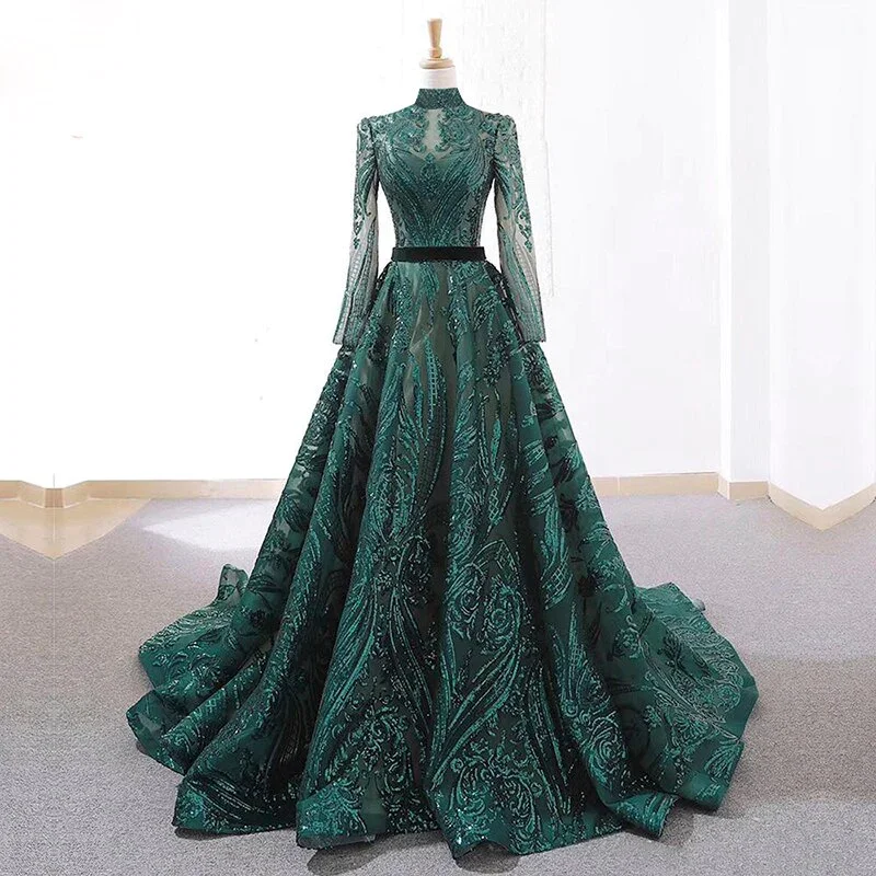 modern dressEmerald Green Sequin Muslim Evening Dress Long Sleeves Party Dress,DP1092