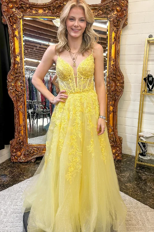 elegant maxi dressYellow Floral Spaghetti Straps A-line Long Prom Dress,DP1169