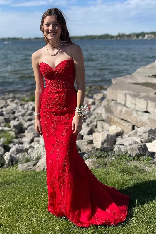 printed dressRed Sweetheart Lace Appliques Mermaid Long Prom Dress,DP1369