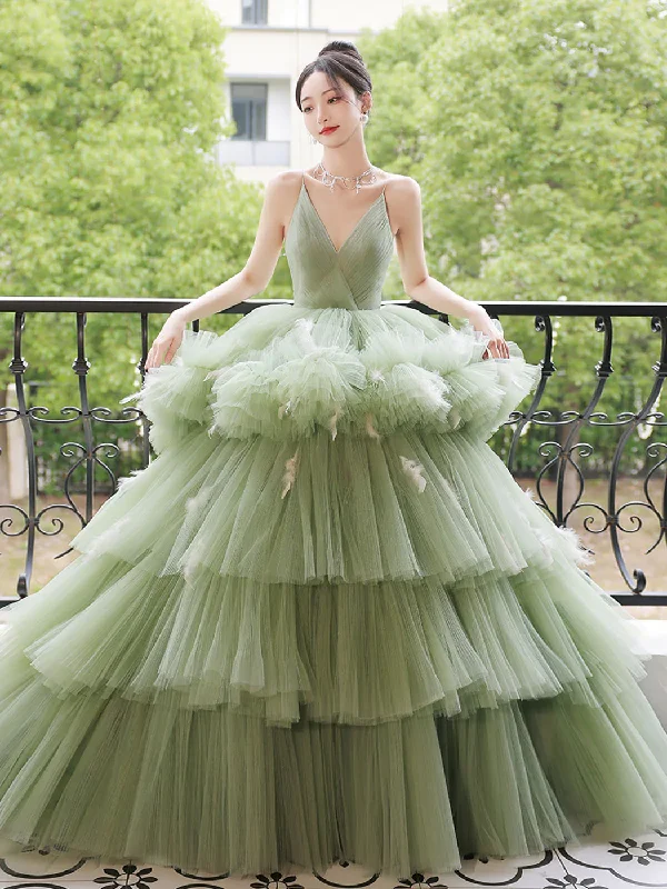 romantic dressGreen Straps V Neck Tulle Layers Long Prom Dress Sweet 16 Dress,DP1625