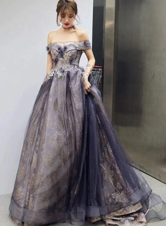 denim dressA-Line Tulle Off Shoulder Long Prom Dress With Flowers Long Formal Gown, DP1546