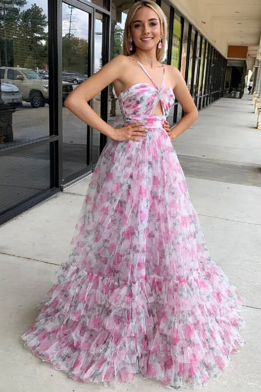 boho-chic dressPink Printed Halter Keyhole A-Line Long Prom Dress,DP1225