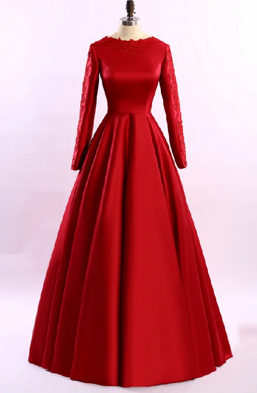 casual summer dressSimple Red Long Sleeves A-Line Long Evening Dress Formal Dress,DP1131