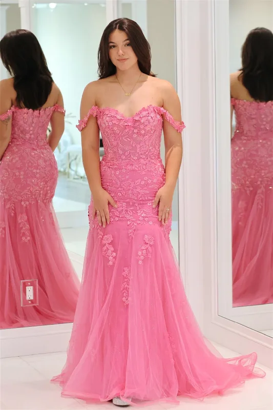 elegant evening dressPink Off-Shoulder Floral Appliques Mermaid Long Prom Dress,DP1159