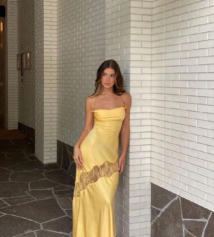 modern dressYellow Backless Lace Slit Party Dress Simple Wedding Guest Dress,DP1302