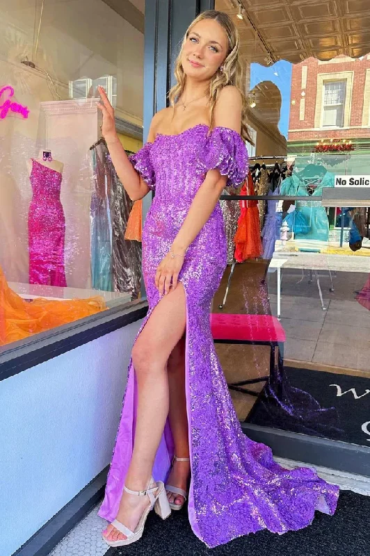 chic slip dressPurple Sequined Strapless Mermaid Long Prom Dress with Slit,DP1428