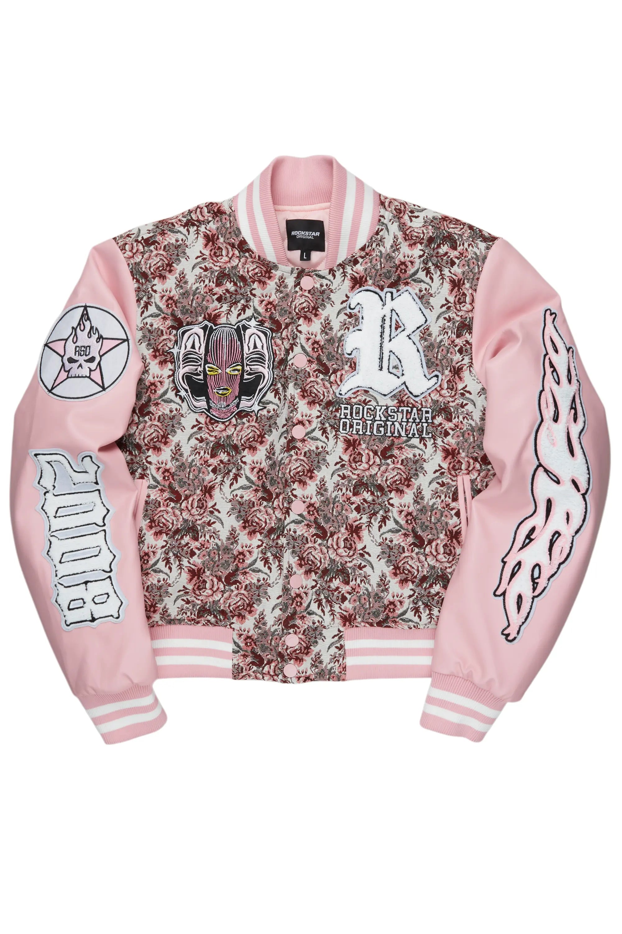 warm outerwearLakiela Pink Oversized Tapestry Varsity Jacket