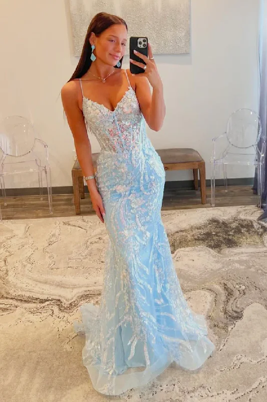 sleeveless dressLight Blue V Neck Tulle Sequins Mermaid Long Prom Dress,DP1377