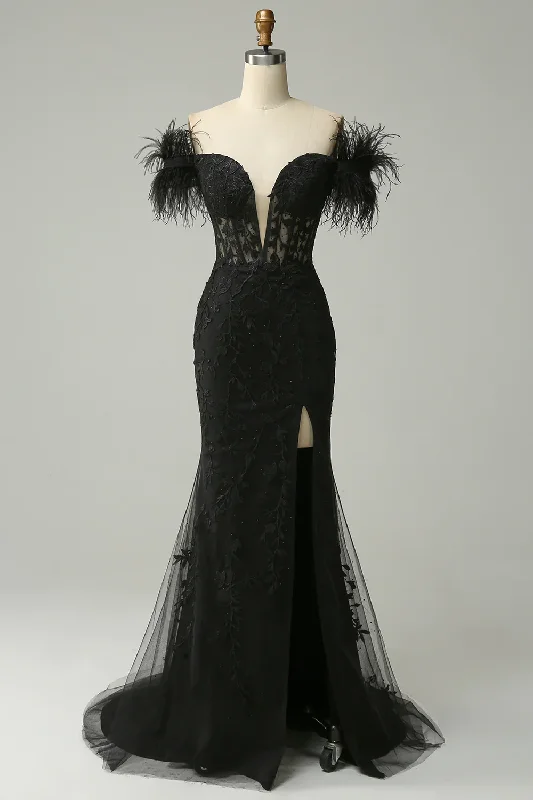 vintage-inspired dressBlack Off Shoulder Mermaid Long Prom Dress with Feathers,DP1532