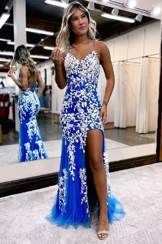 ruffle dressBlue V Neck Lace a Mermaid Long Prom Dress with Slit,DP1585