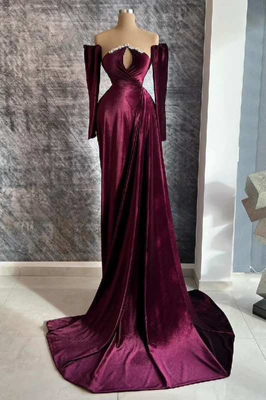 romantic dressLong Velvet Sequined Detachable Sleeves Prom Dress With Train,DP1112