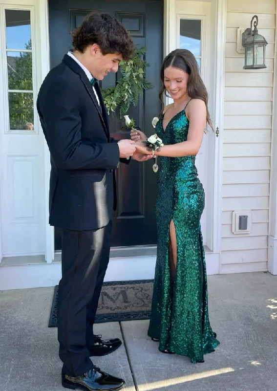 formal dressEmerald Green Backless Sequined Long Prom Dress with Slit,DP1355