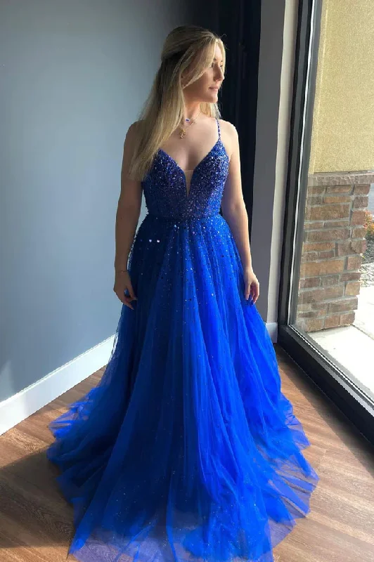 relaxed fit dressRoyal Blue V Neck Beaded Long Prom Dress Formal Graduation Evening Dress,DP1418