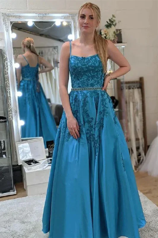 long-sleeve floral dressBlue A-Line Lace Appliques Long Prom Dress Formal Evening Dress,DP1416