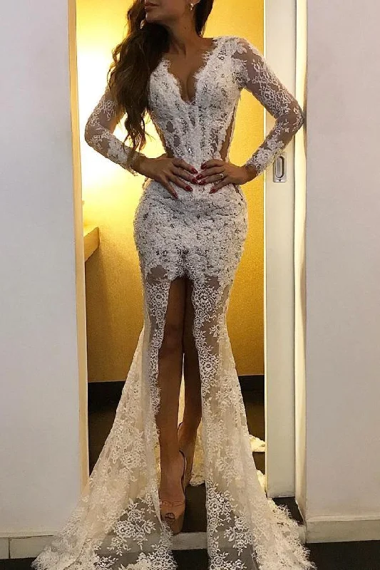 fitted cocktail dressSexy White Lace Long Sleeves Mermaid Long Prom Dress with Slit,DP1601