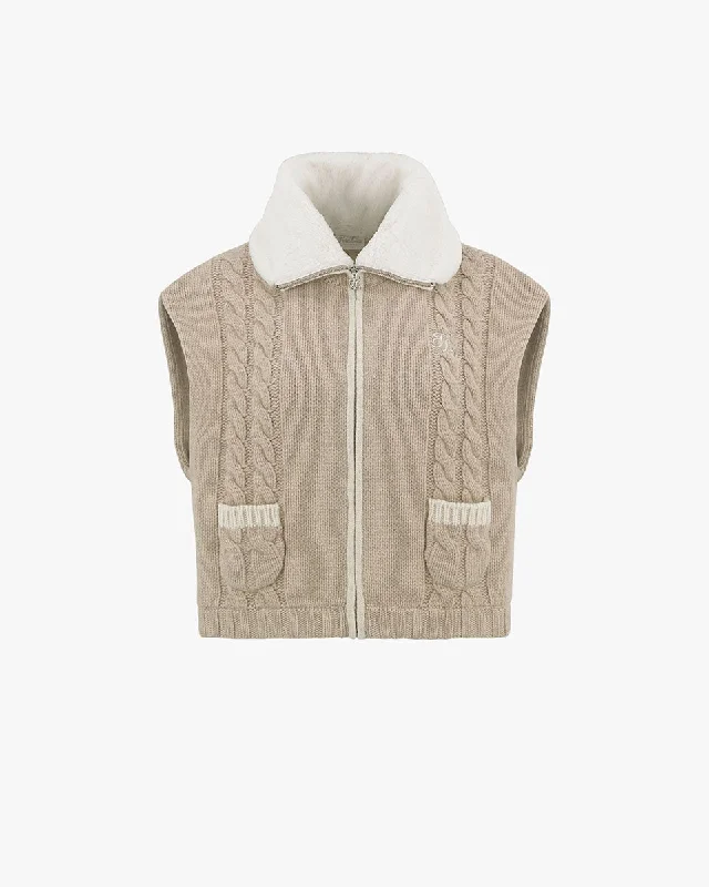 fashion coat with hoodFur Collar Windproof Knit Vest - Beige