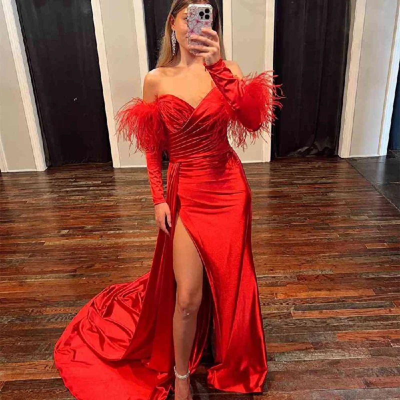 denim dressRed Satin Strapless Detachable Sleeves Long Prom Dress with Feather,DP1257